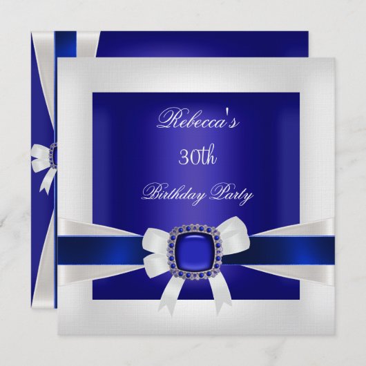 ブルーホワイトジュエルボウ30th誕生日パーティーシルバー 招待状 (正面/裏面)