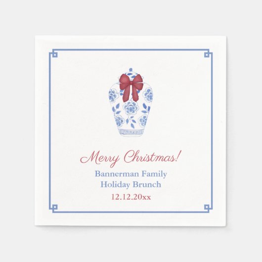 ブルーホワイトジンジャージャールレッドリボンホリデーパーティー スタンダードカクテルナプキン (正面)