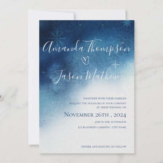 ブルーホワイトスお洒落ノーフレークエレガンス結婚ズ 招待状 (正面)