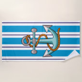 ブルーホワイトストライプいかり航海の ビーチタオル (正面)