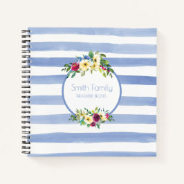 ブルーホワイトストライプフローラ紫イエローレシピ ノートブック