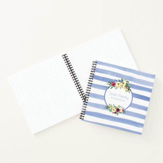 ブルーホワイトストライプフローラ紫イエローレシピ ノートブック (内部)