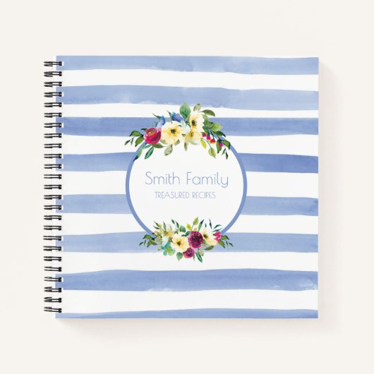 ブルーホワイトストライプフローラ紫イエローレシピ ノートブック (正面)