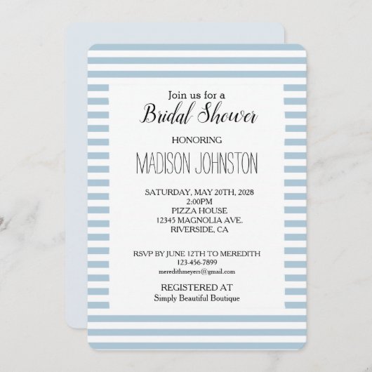 ブルーホワイトストライプブライダルシャワー 招待状 (正面/裏面)