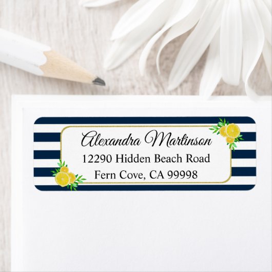 ブルーホワイトストライプレモンサマーイエローウォーターカラーレモン ラベル (インサイチュ)