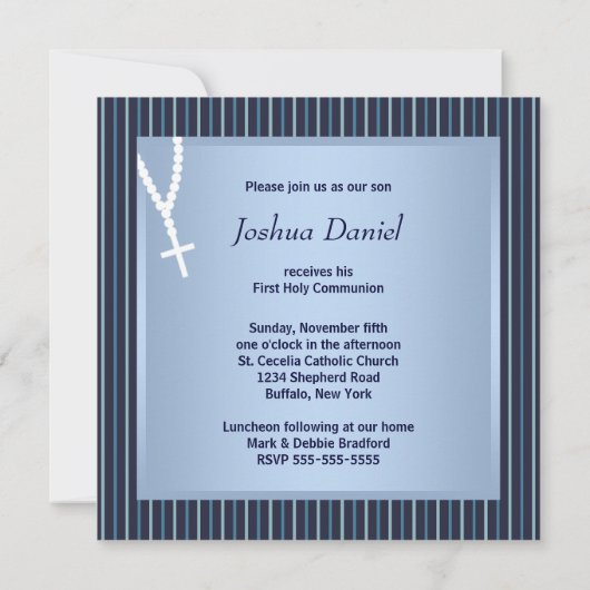 ブルーホワイトストライプロザリーボーイズ第一聖体 招待状 (裏面)