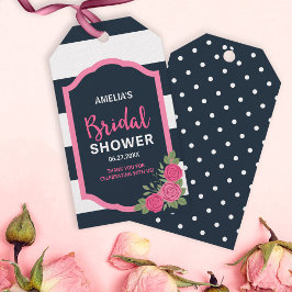 ブルーホワイトストライプローズピンクブライダルシャワー ギフトタグ