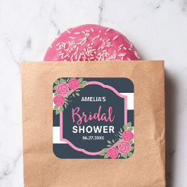 ブルーホワイトストライプローズピンクブライダルシャワー スクエアシール