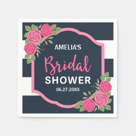 ブルーホワイトストライプローズピンクブライダルシャワー スタンダードカクテルナプキン