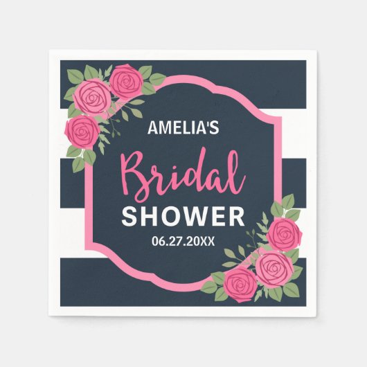 ブルーホワイトストライプローズピンクブライダルシャワー スタンダードカクテルナプキン (正面)