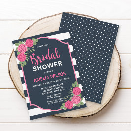 ブルーホワイトストライプローズピンクブライダルシャワー 招待状