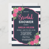 ブルーホワイトストライプローズピンクブライダルシャワー 招待状 (正面)