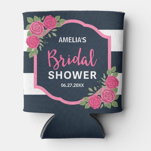 ブルーホワイトストライプローズピンクブライダルシャワー 缶クーラー (正面)