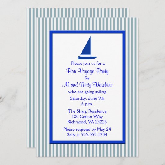 ブルーホワイトストライプロートボンボージョージュパーティー 招待状 (正面/裏面)