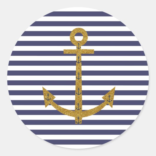 ブルーホワイトストライプ金ゴールドいかりグリッタープリント ラウンドシール (正面)