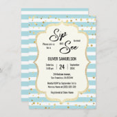 ブルーホワイトストライプ金ゴールドブラックベビーSIPと参照 招待状 (正面/裏面)