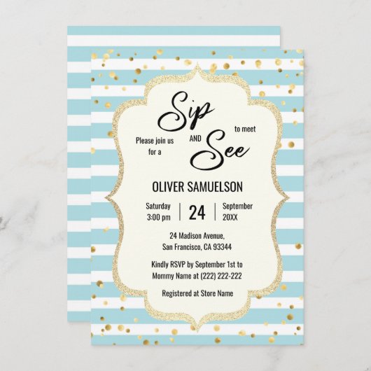 ブルーホワイトストライプ金ゴールドブラックベビーSIPと参照 招待状 (正面/裏面)