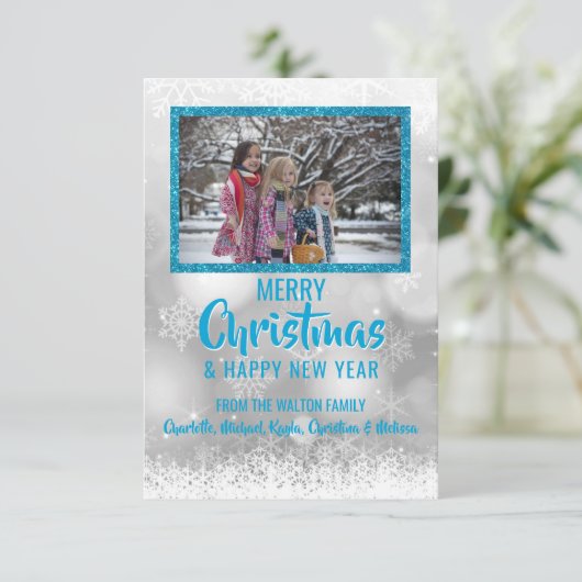 ブルーホワイトスノーグリッタークリスマス新年 | フォト 招待状 (スタンド正面)