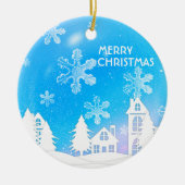 ブルーホワイトスノーハウスクリスマスニューイヤー セラミックオーナメント (正面)