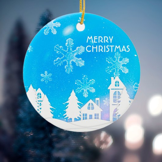 ブルーホワイトスノーハウスクリスマスニューイヤー セラミックオーナメント