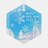ブルーホワイトスノーハウスハッピーニューイヤー2023 ガラスオーナメント (正面)
