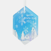 ブルーホワイトスノーハウスハッピーニューイヤー2023 ガラスオーナメント (正面左)