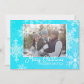 ブルーホワイトスノーフレークのミニマリストのクリスマスフォト シーズンカード (正面)