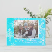 ブルーホワイトスノーフレークのミニマリストのクリスマスフォト シーズンカード (スタンド正面)