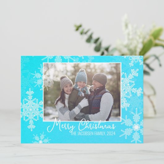 ブルーホワイトスノーフレークのミニマリストのクリスマスフォト シーズンカード (スタンド正面)