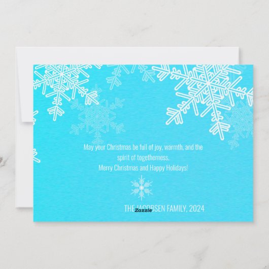 ブルーホワイトスノーフレークのミニマリストのクリスマスフォト シーズンカード (裏面)