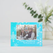 ブルーホワイトスノーフレークのミニマリストのクリスマスフォト シーズンポストカード (スタンド正面)