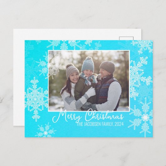 ブルーホワイトスノーフレークのミニマリストのクリスマスフォト シーズンポストカード (正面/裏面)
