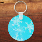ブルーホワイトスノーフレークのミニマルなクリスマスの名前 キーホルダー (正面)