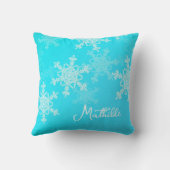 ブルーホワイトスノーフレークのミニマルなクリスマスの名前 クッション (裏面)