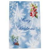 ブルーホワイトスノーフレークホリーベリーメリークリスマス ミディアムペーパーバッグ (正面)