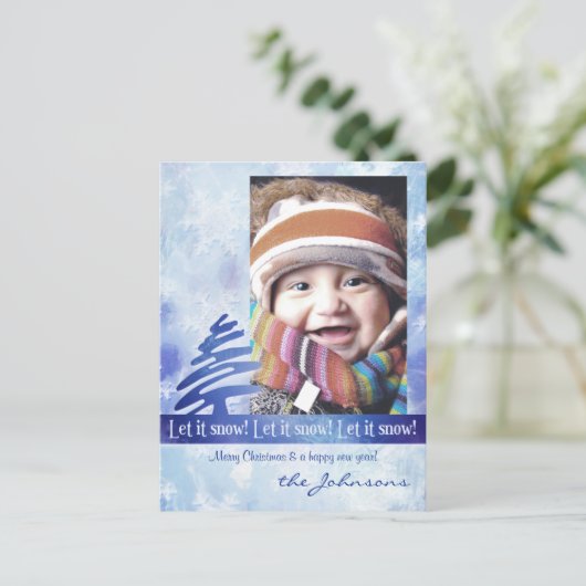 ブルーホワイトスノーフレーク雪を降らせろ！フォトポストカード シーズンポストカード (スタンド正面)