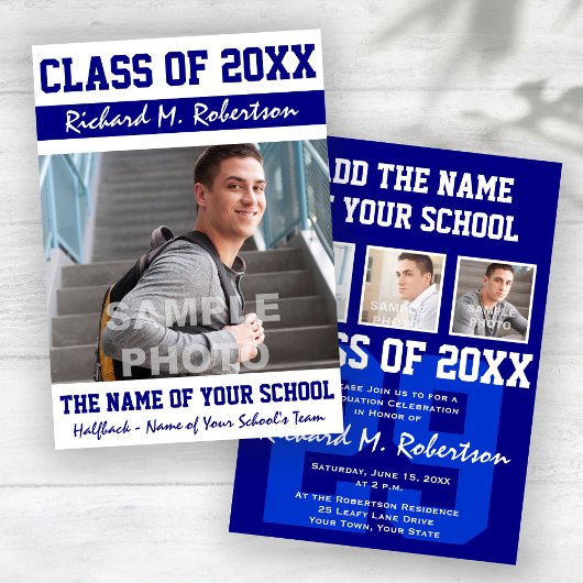 ブルーホワイトスポーティ男の卒業生の大学の番号 招待状