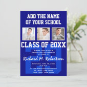 ブルーホワイトスポーティ男の卒業生の大学の番号 招待状 (スタンド正面)