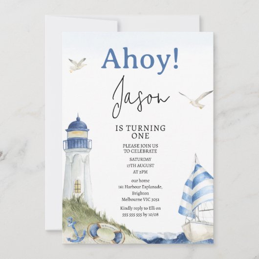 ブルーホワイトセイルボートアホ航海のイ1st誕生日 招待状 (正面)