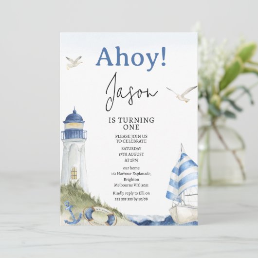 ブルーホワイトセイルボートアホ航海のイ1st誕生日 招待状 (スタンド正面)