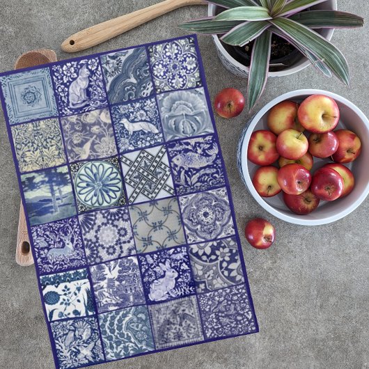 ブルーホワイトタイルデザインアンティークヴィンテージ モダン キッチンタオル