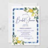 ブルーホワイトタイルフローラレモンブライダルシャワー 招待状 (正面)
