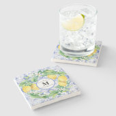 ブルーホワイトタイルレモンシトラスリースファームハウスアート ストーンコースター (横)