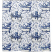 ブルーホワイトタコ入りバスヴィンテージ柄 シャワーカーテン (正面)
