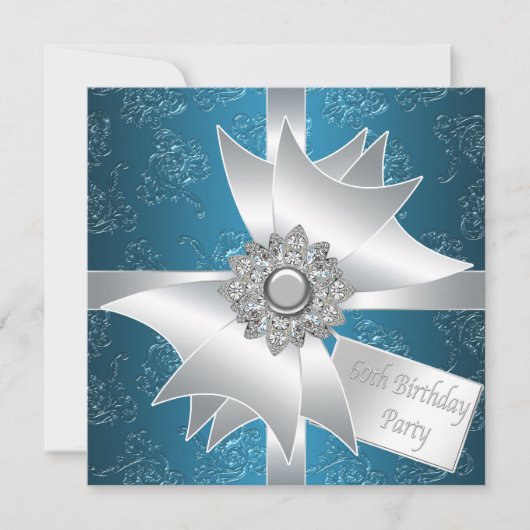 ブルーホワイトダイヤモンドボウ女性60thバースデーパーティー 招待状 (正面)