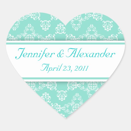 ブルーホワイトダマスクハート結婚式招待状シール ハートシール (正面)