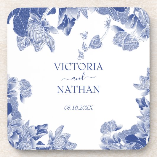 ブルーホワイトチノワセリーシックフローラ結婚ズ コースター (正面)