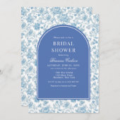 ブルーホワイトチノワセリーフローラブライダルシャワー 招待状 (正面/裏面)