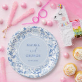 ブルーホワイトチノワセリーフローラ結婚ズモノグラム ペーパープレート (パーティー)