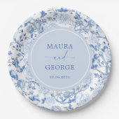 ブルーホワイトチノワセリーフローラ結婚ズモノグラム ペーパープレート (正面)